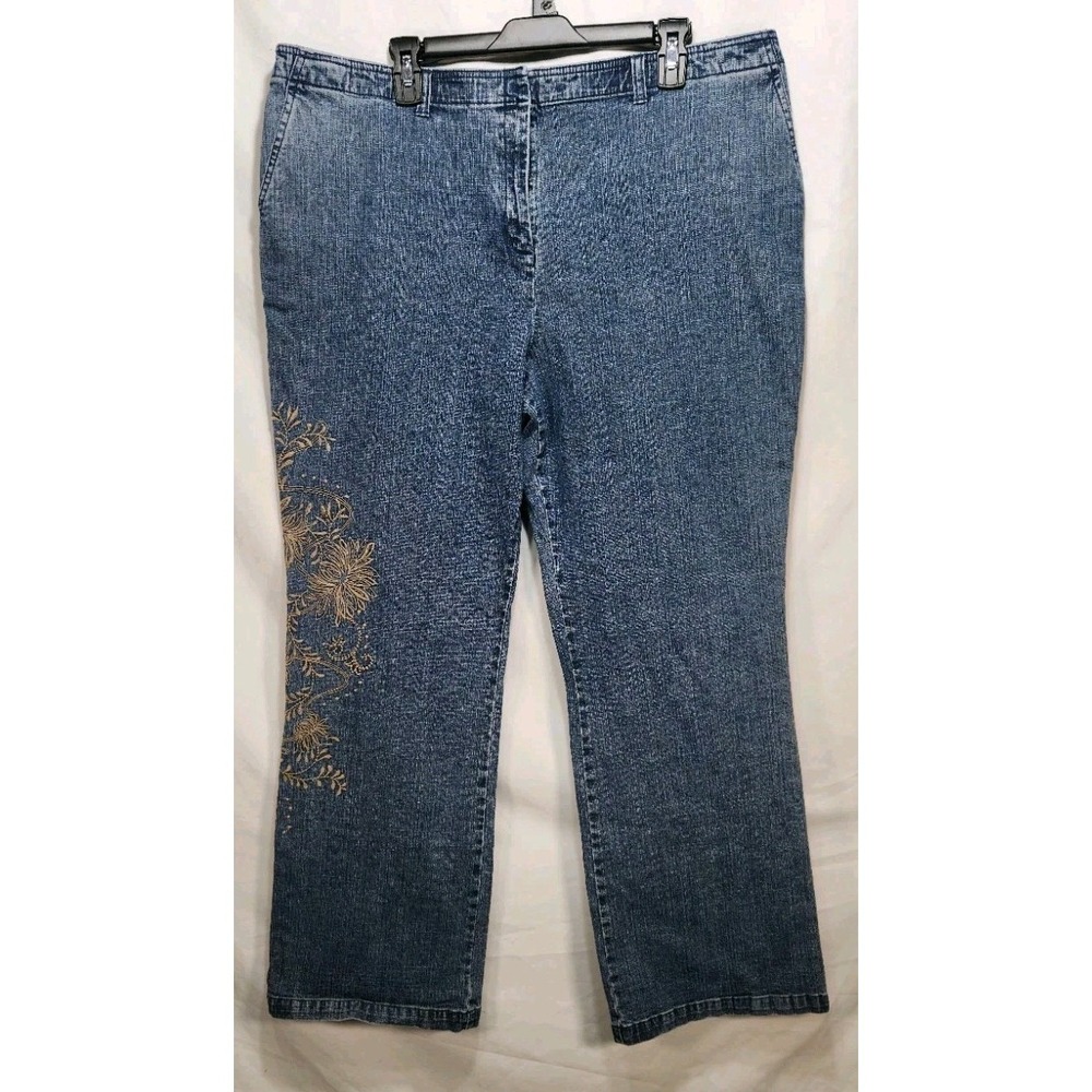 Kate Hill Womens Blue Denim Jeans Size 18‎ Straight Leg Gold Floral Print